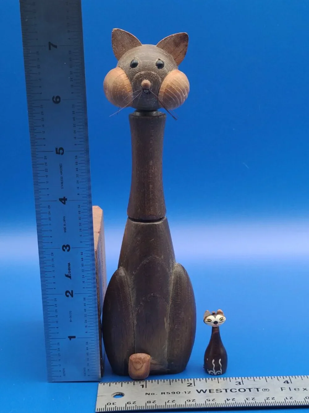 MCM Barware Wood Cheeky Cat Corkscrew plus Japan Miniature Cat AS IS